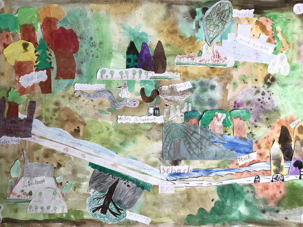Karte des Naturspielraums altes Schwimmbad als Collage aus Kinderzeichnungen